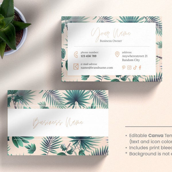 Exotic Business Card Template, modern style, DIY, Canva template, Tropical Business Card, green color, Palm leaves pattern.