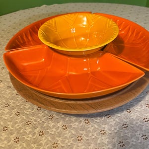 Vintage California Orange and Yellow Pottery Lazy Susan 6 piece serving set