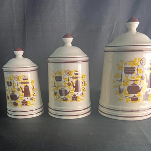 Vintage Canister Set – Cream,  Brown, and Yellow with  Hearth Kitchen Motif – Made in Japan – Set of 3 – Retro Ceramic Jars – MCM Kitchen