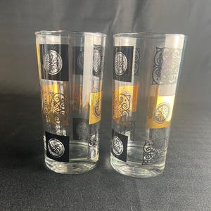 A pair of 12oz Federal Black and Gold Medallion Geometric Tumbler Glasses--Vintage MidCentury Modern Decorative Glasses