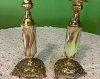 Italian Hollywood Regency candlestick lamp—Green Onyx Marble Stem Cast Brass Base