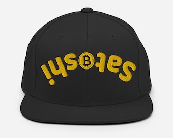Black Classic Snapback with Upside-Down Satoshi Bitcoin Logo – 3D Yellow & Black Embroidered Cryptocurrency Hat