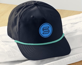 Navy Hat with Mint Rope and 3D Blue Solana Icon Logo, White Solana Lettering on Back