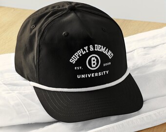 Black and White Rope Hat with "Supply & Demand University" 3D White Embroidery, Bitcoin Crypto Hat