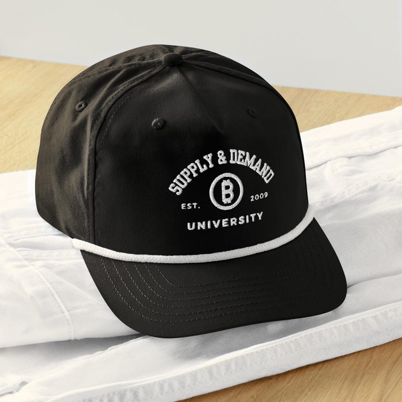 Black and White Rope Hat with Supply & Demand University 3D White Embroidery, Bitcoin Crypto Hat