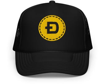 Black Trucker Hat with Yellow 3D Embroidered Dogecoin Logo – Cryptocurrency Dogecoin Hat