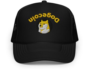 Black Trucker Hat with Upside-Down Dogecoin Logo – 3D Puffy Yellow & White Embroidered Dogecoin Hat