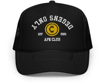 Black Trucker Hat with White & Yellow 3D Puffy "Degens Only Ape Club" Embroidery, Bitcoin Crypto Hat
