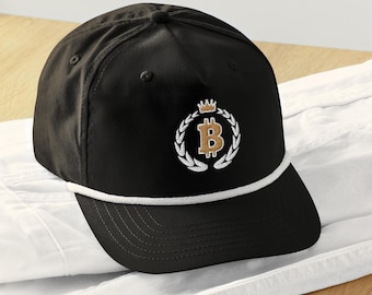 Black Hat with White Rope and 3D Puffy Bitcoin Logo in White & Gold, Stylish Crypto Cap