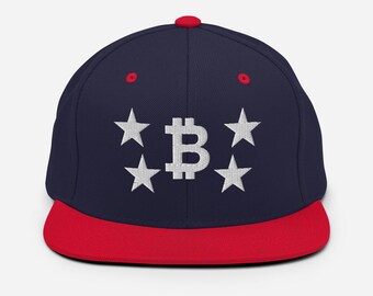 Snapback Hat Red and Navy Two-Tone Snapback Hat with White 3D Embroidered Bitcoin Logo & Stars – Trendy Cryptocurrency Hat