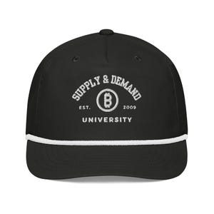 Black and White Rope Hat with Supply & Demand University 3D White Embroidery, Bitcoin Crypto Hat