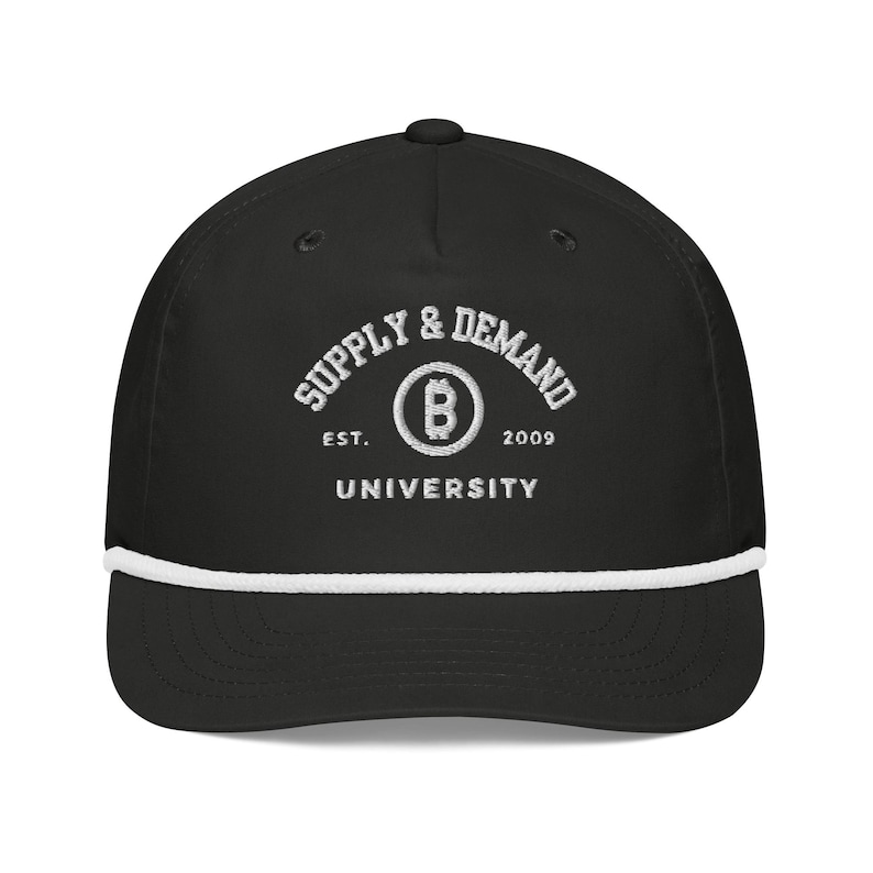 Black and White Rope Hat with Supply & Demand University 3D White Embroidery, Bitcoin Crypto Hat