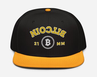 Black Snapback Hat with Yellow Bill, 21MM Bitcoin Cap, Bold Crypto Snapback