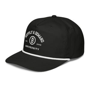 Black and White Rope Hat with Supply & Demand University 3D White Embroidery, Bitcoin Crypto Hat
