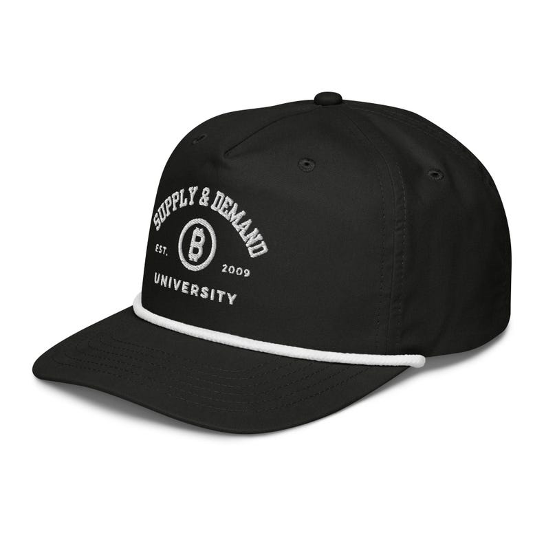 Black and White Rope Hat with Supply & Demand University 3D White Embroidery, Bitcoin Crypto Hat