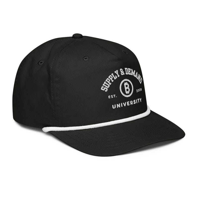 Black and White Rope Hat with Supply & Demand University 3D White Embroidery, Bitcoin Crypto Hat