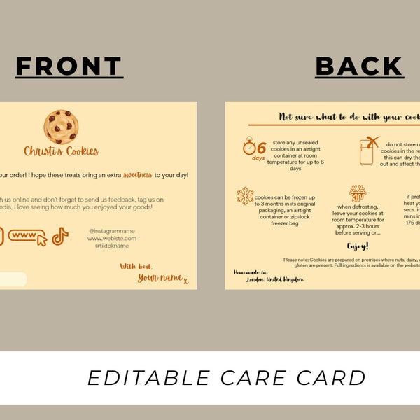 Cookie Care Card Template Canva, Editable Cookie Package Care Instructions, Cookie Business Care Card Template, Printable Care Cards.