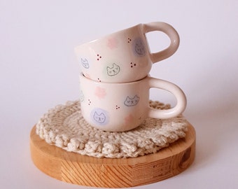 Handgefertigtes Keramiktassen-Set, süßes Kitty-Espressotassen-Set, Kaffeetasse, Kaffeeset, süße Tassen, süße Keramik