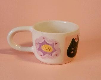 Handmade Ceramic Mug, Cute Cat & Flower Mug, Coffee Mug, Tea Cup