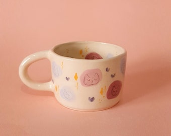 Handmade Ceramic Mug, Coffee Mug, Cute Cat Doodle Mug, Pink Cat Doodle Mug