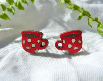 Red-White Polka Dot Mug wooden stud earrings handmade jewelry
