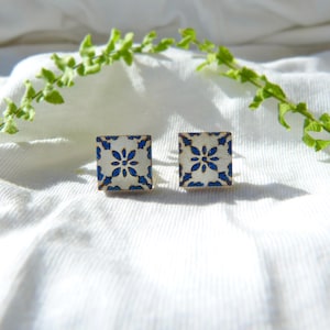 Handpainted Azulejo Stud Earrings: Portuguese Tile Wooden Jewelry