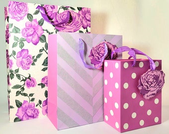 3 PCS Elegant Gift Bags, medium, large, extra large sizes in lilac,purple for Mothers Day, Birthdays, Weddings and any special occasions