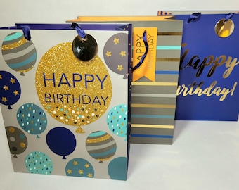 Happy Birthday Gift Bags 3 PCS Elegant Large size in Blue Gray and Gold tones for Birthday Celebrations 12.5"