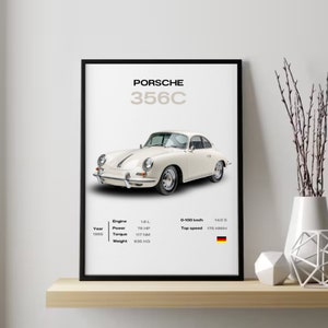May include: A white Porsche 356C sports car with black trim. The car is on a white background with text about the car's specifications, including year, engine size, horsepower, torque, weight, 0-100 km/h time, and top speed.