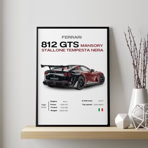 Peut inclure: Une voiture de sport rouge Ferrari 812 GTS Mansory Stallone Tempesta Nera avec des accents noirs. La voiture a un moteur de 6,5 L, 830 ch, 740 Nm de couple et une vitesse maximale de 344 km/h. La voiture est de 2022 et pèse 1000 kg.