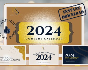 May include: Three digital downloads for a 2024 content calendar, social media calendar, and viral video and caption hooks. The image features a gold and black color scheme with the text "2024" in bold.