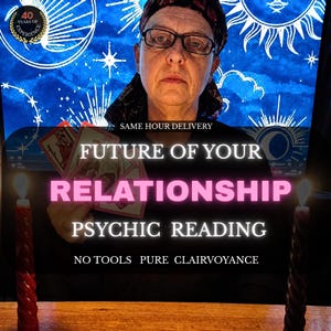 May include: A person wearing glasses and a patterned head covering holds tarot cards. Text reads: 40 YEARS OF EXPERIENCE, SAME HOUR DELIVERY, FUTURE OF YOUR RELATIONSHIP PSYCHIC READING, NO TOOLS PURE CLAIRVOYANCE. Two dark red candles stand in the foreground.