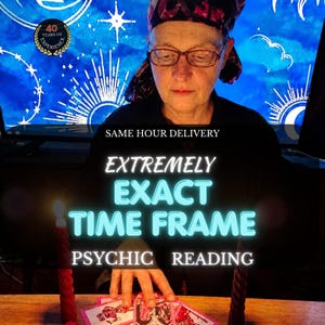 May include: A person wearing glasses and a patterned headscarf sits before a screen with celestial graphics. Text reads: 40 YEARS OF EXPERIENCE, SAME HOUR DELIVERY, EXTREMELY EXACT TIME FRAME, PSYCHIC READING. Red candles flank tarot cards.