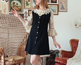1970s Black Suede Button Up Waistcoat Dress | S/M | Hippie | Pinafore | A-Line | Ghost Woman Vintage