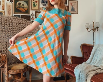 60s Checkered Babydoll Mini Dress | A-Line | Twiggy Style | Pastel Colors | Flower Buttons | Mod | Wool Dress