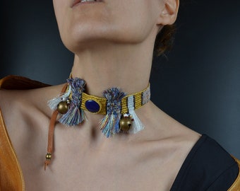 Unique Boho Jewelry Textile Fringe Choker Necklace Women Avant Garde Jewelry Festival Necklace Burning Man Handwoven Choker Lapis Necklace