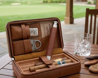 Whiskey Flask Stainless Steel - Leather Personalized 2 ounces. Fits into Cigar Case