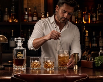 Whiskey Decanter Cocktail Set Personalized | Engraved Bar Gift Groomsmen, Bourbon Lover Mixologist Drink Mixer, Bartender Kit, Housewarming