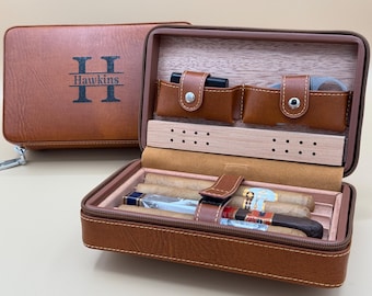 Personalized Cigar Humidor travel case - Cedar Storage Box with Pockets for Lighter & Cutter Groomsmen Gift, Gift for Him Fathers Day
