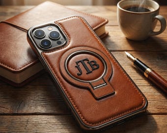 Leather iPhone Case with Stand | MagSafe Compatible | Personalized Executive Phone Cover, Models 15 16 17, 15 16 17 Pro, 15 16 17 Pro Max
