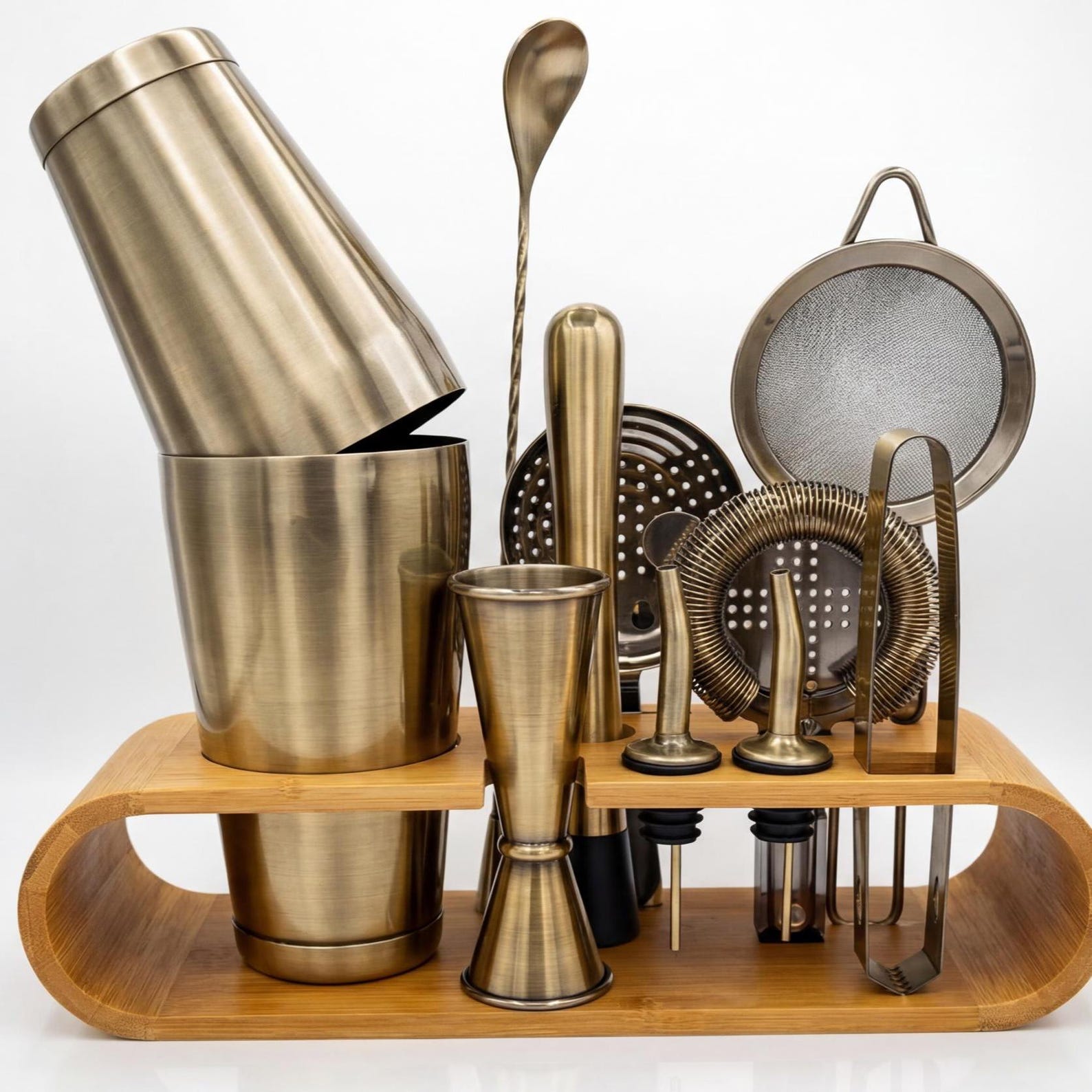 Antique Brass Cocktail Shaker Set 11 Piece Bartender Kit with Bamboo Stand Mixology Bar Tools Set for Men Groomsmen Gift for Him
