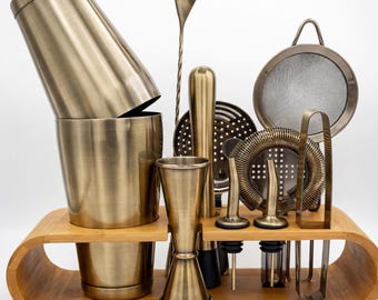 Antique Brass Cocktail Shaker Set – 11-Piece Bartender Kit, Groomsmen Gift, Home Bar Gift