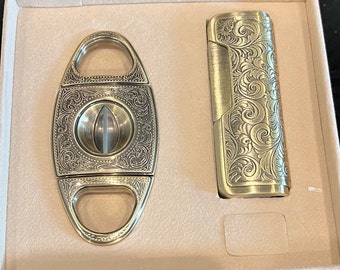 Personalized Cigar Lighter Gift Set – Cigar V-Cutter & Torch Flame Lighter, Groomsmen Gift, Gift for Him Fathers Day Stainless Steel