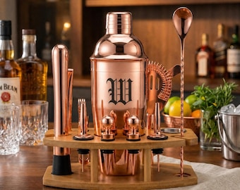 Cocktail Shaker Set Personalized - Bar Tools with Stand, Home Bar Gift, Housewarming Gift, Bartender, Man Cave Decor