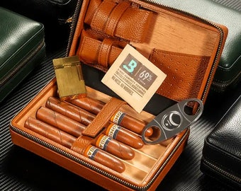 Estuche de viaje Humidor de cigarros, personalizado, cuero. Encendedor y cortador no incluidos.