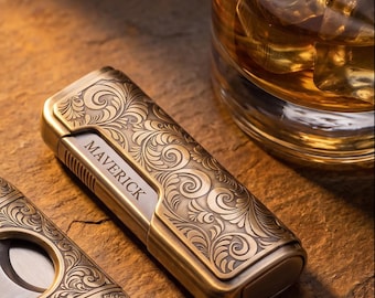 Cigar Lighter Personalized Custom Engraved Vintage Design– Windproof  Butane Torch, Groomsmen Gift, Gift for Him