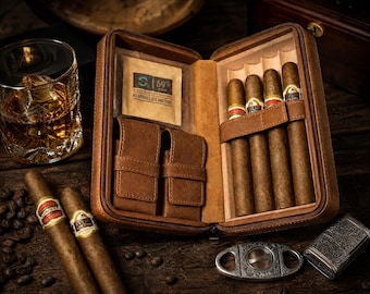 Cigar Case Personalized Leather Custom Engraved Travel Humidor Gift Set with Lighter and Cutter 2026 gift, Cedar, Christmas Gift Dad