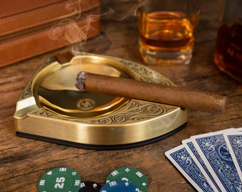 Bronze 3-Finger Cigar Ashtray – Shield Design, Groomsmen Gift, Man Cave Decor