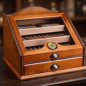 Luxury Cigar Humidor – Hygrometer Cedar Box, Groomsmen Gift, Gift for Him Fathers Day Vintage Design