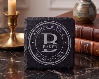 Personalized Slate Coasters – Engraved Square Barware Set, Housewarming Gift, Bar Cart Gift